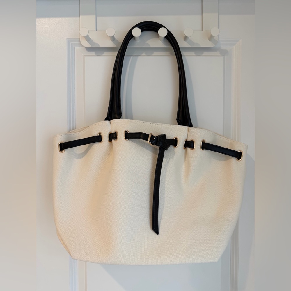 Anthropologie Cream and Black Canvas Tote with Belt Detail